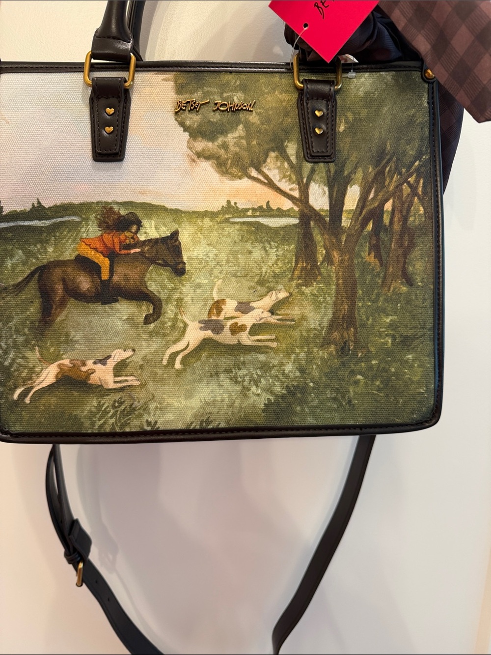 NWT-Betsey Johnson Green Equestrian Print Top-Handle Tote Canvas Bag. - Picture 2 of 11